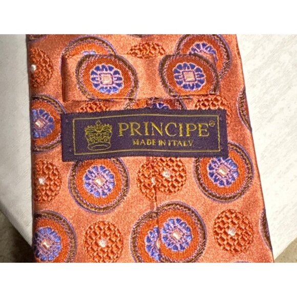 Principe Mens Silk Tie Orange & Blue Circular Pattern Made In Italy - Picture 3 of 7